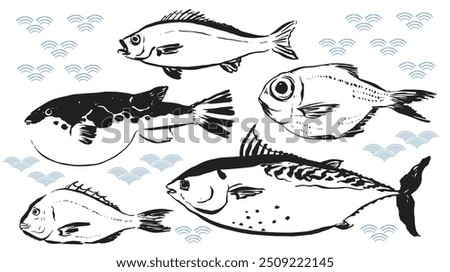  Set of cartoon sea food products. Ocean meal. Marine fish. Bluefin tuna, Puffer, red seabeam round, grunt, the golden snapper fish illustration in. Cooking delicatessen ingredients. Seafood of Japan