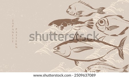 Set of hand draw sea food products. Marine fish. Bluefin tuna, Puffer, red seabeam round, grunt, golden snapper fish illustration in vintage style. Cooking delicatessen ingredients. Seafood of Japan