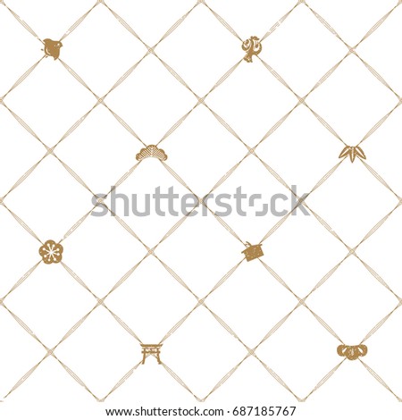 Japanese background vector. Gold geometric pattern with icons in Japanese style.Bamboo,tree,flower,bird. Imagine de stoc © 