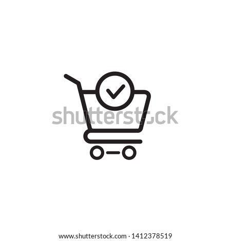 Shopping cart and check mark icon vector completed order, confirm flat sign symbols logo illustration isolated on white background black color. Concept design art for business and online Marketing Foto d'archivio © 