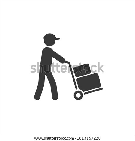 Mover pushing moving hand truck or dolly with boxes flat vector icon for apps and websites