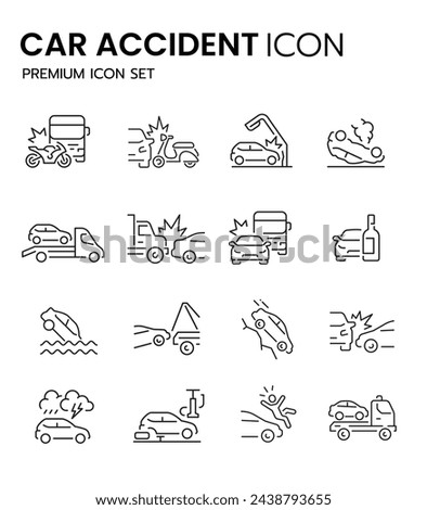 Set of Car Accident Related Vector Line Icons. Contains such Icons as Side Collision, Frontal Collision, Broken Car, Damaged Elements and more. 