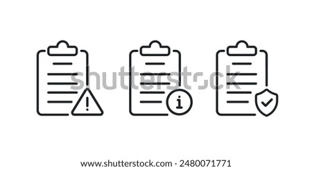 Attention, alert, error, and mistake concept. Clipboard and exclamation mark sign editable stroke outline icon isolated on white background flat vector illustration.