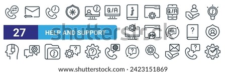 set of 27 outline web help and support icons such as phone call, reply message, support, custom, error, conversation, question, time management vector thin line icons for web design, mobile app.