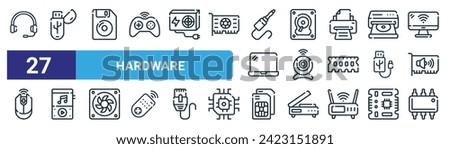 set of 27 outline web hardware icons such as headphones, pendrive, diskette, harddisk, webcam, music, sim, integrated vector thin line icons for web design, mobile app.