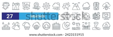 set of 27 outline web weather icons such as typhoon, house, melting, mountain, hail, cloudy, rainy night, weather alert vector thin line icons for web design, mobile app.