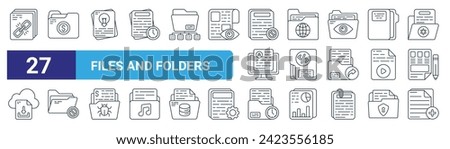 set of 27 outline web files and folders icons such as linked, financial, creative, folder, programming, block, folder, add file vector thin line icons for web design, mobile app.