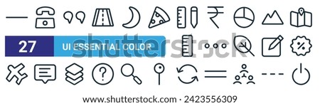 set of 27 outline web ui essential color icons such as minus, phone, quotation, rupee, more, popup, reload, switch vector thin line icons for web design, mobile app.