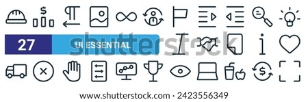 set of 27 outline web ui essential icons such as helmet,  , direction, indent, handshake, cross, eye, frame vector thin line icons for web design, mobile app.