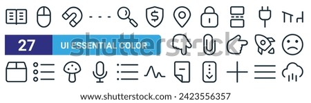 set of 27 outline web ui essential color icons such as library, mouse, magnet, lock, paperclip, more, file, rain vector thin line icons for web design, mobile app.