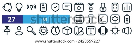 set of 27 outline web ui icons such as sync, tips,  , wifi, torch, user, color palette, sound vector thin line icons for web design, mobile app.