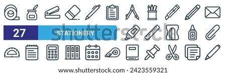 set of 27 outline web stationery icons such as tape, ink, stapler, pencil case, ruler, notebook, book, marker vector thin line icons for web design, mobile app.