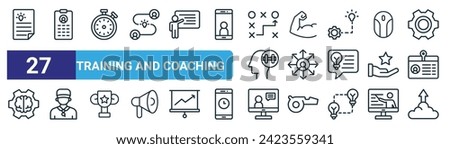 set of 27 outline web training and coaching icons such as report, report, stopwatch, strength, networking, coach, videocall, growth vector thin line icons for web design, mobile app.