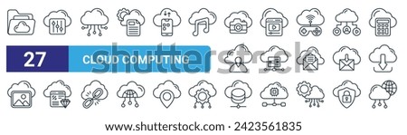 set of 27 outline web cloud computing icons such as folder, adjustment, cloud technology, browser, cloud computing, clean code, database, network vector thin line icons for web design, mobile app.