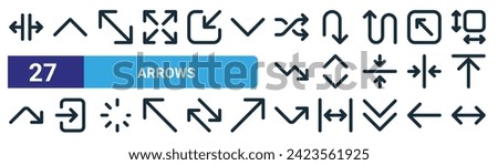 set of 27 outline web arrows icons such as width, up chevron, size, return, up and down arrow, log in, bounce, wide vector thin line icons for web design, mobile app.