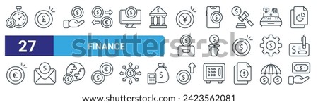 set of 27 outline web finance icons such as time is money, pound, finance, money, growth, mail, money, finance vector thin line icons for web design, mobile app.