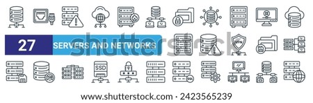 set of 27 outline web servers and networks icons such as database storage, local area network, warning, data network, warning, performance, sql, hosting server vector thin line icons for web design,