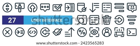 set of 27 outline web user interface icons such as navigation, vlog, upload, sort, left align, right align, percent, command line vector thin line icons for web design, mobile app.