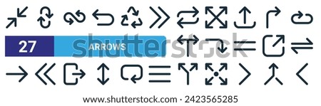 set of 27 outline web arrows icons such as minimize, repeat, infinity, large, turn down, left chevron, split, left chevron vector thin line icons for web design, mobile app.