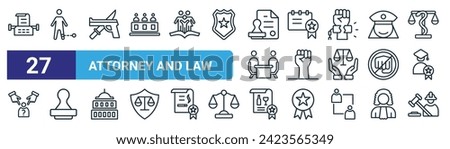 set of 27 outline web attorney and law icons such as typewriter, guilty, criminal, certified, rights, stamp, alcoholic, employment vector thin line icons for web design, mobile app.