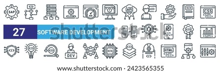 set of 27 outline web software development icons such as sap, aorithm, database, programmer, bug, idea, layer, tings vector thin line icons for web design, mobile app.