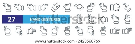 set of 27 outline web hand gestures icons such as expand, drag left, drag right, drag left, scroll, scroll, rotate left, scroll vector thin line icons for web design, mobile app.