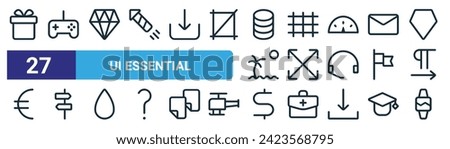 set of 27 outline web ui essential icons such as gift, game, diamond,  , full screen, direction, dollar, monitor vector thin line icons for web design, mobile app.