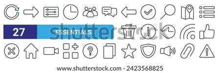 set of 27 outline web essentials icons such as refresh, foward, control, check, info, home button, favourite, alert vector thin line icons for web design, mobile app.