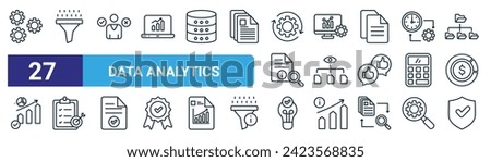 set of 27 outline web data analytics icons such as metal gear, funnel, decision making, data management, data visualization, goal, light bulb, protection vector thin line icons for web design,