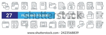 set of 27 outline web files and folders icons such as folder, folder, folder, share analytical, download, game check list vector thin line icons for web design, mobile app.