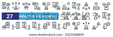 set of 27 outline web impact of social media icons such as self worth, social, emotion, coaching, fomo, self confidence, cyberbullying, waste vector thin line icons for web design, mobile app.