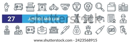 set of 27 outline web justice and law icons such as hands up, protect, typewriter, security, police line, thief, money bag, evidence vector thin line icons for web design, mobile app.