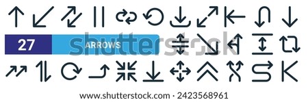 set of 27 outline web arrows icons such as up arrow, down left arrow, change, expand arrows, down right arrow, mobile data, move, previous vector thin line icons for web design, mobile app.