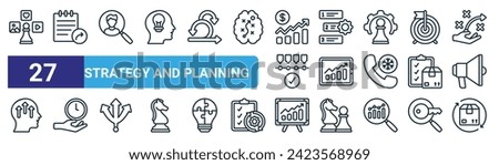 set of 27 outline web strategy and planning icons such as digital content, notes, market research, prioritize, growth, save time, profit growth, automation vector thin line icons for web design,