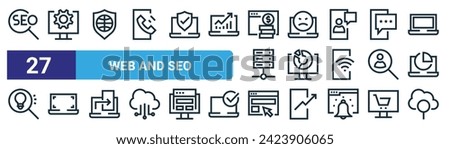 set of 27 outline web web and seo icons such as seo, gear, shield, error, pie chart, full screen, web page, search vector thin line icons for design, mobile app.