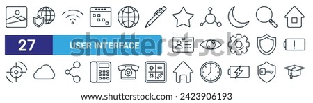 set of 27 outline web user interface icons such as image, antivirus, wifi, sharing, eye, cloud, house, graduation vector thin line icons for web design, mobile app.