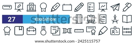 set of 27 outline web education icons such as pencil box, presentations, school building, test paper, easel presentation, notebooks, ruler, abacus toy vector thin line icons for web design, mobile