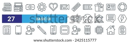 set of 27 outline web basic ui icons such as add document, radio, money, ticket, earth, smartphone, favorite, finger print vector thin line icons for web design, mobile app.
