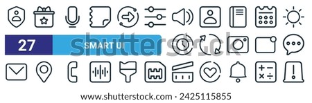 set of 27 outline web smart ui icons such as privacy, gift, microphone, contact, sync, location, movie, alert vector thin line icons for web design, mobile app.