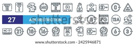 set of 27 outline web age restriction icons such as adults only, teen, beer, nsfw,  ,  social media, vector thin line icons for web design, mobile