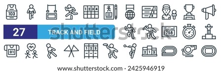 set of 27 outline web track and field icons such as jersey, athlete, high jump, running track, athlete, running, athelete, field vector thin line icons for web design, mobile app.