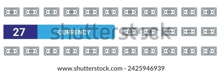 set of 27 outline web currency icons such as rial, guarani, ruble, rand, zimbabwe, lek, quetzal, guilder vector thin line icons for web design, mobile app.