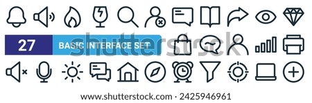 set of 27 outline web basic interface set icons such as notification, speaker, fire, open book, chat, mic, alarm clock, plus vector thin line icons for web design, mobile app.