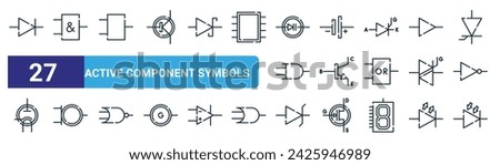 set of 27 outline web active component symbols icons such as diode, and gate, and gate, battery, transistor, or gate, zener diode, photodiode vector thin line icons for web design, mobile app.
