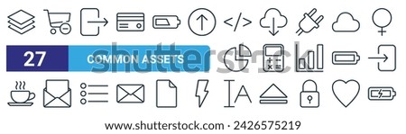 set of 27 outline web common assets icons such as layer, cart minus,  , download, calcuation, open email, font size, battery full vector thin line icons for web design, mobile app.
