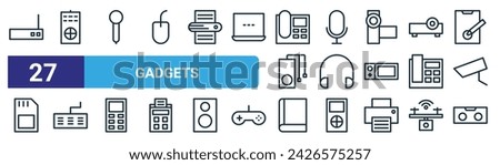 set of 27 outline web gadgets icons such as router, remote, mic, voice recorder, headphone, keyboard, book, caste vector thin line icons for web design, mobile app.