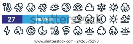 set of 27 outline web weather icons such as hot temperature, rainy night, heavy rain, cloud, sleet, snow, hail, sunrise vector thin line icons for web design, mobile app.