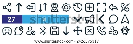 set of 27 outline web ui icons such as share, up,  , add, bullhorn, no talking, move, processor vector thin line icons for web design, mobile app.
