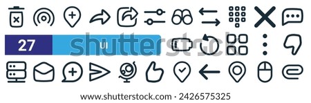 set of 27 outline web ui icons such as trash, hotspot, location, exchange, refresh, envelope, location, attach vector thin line icons for web design, mobile app.