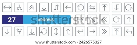 set of 27 outline web arrows icons such as exchange, split, up arrow, exchange, fullscreen, split, back button, left button vector thin line icons for web design, mobile app.